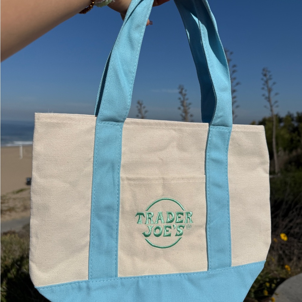 Trader Joe’s’ Mini Pastel Canvas Tote Bag Blue and Cream with green stitching